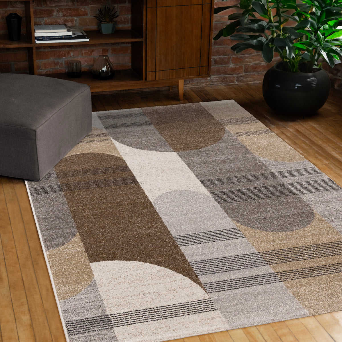 Marquis Brown Grey White Striped Arched Shapes Design Rug – Devos ...