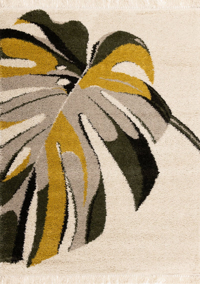 Bora Cream Green Yellow Monstera Leaf Shag Rug by Kalora Interiors - Devos Furniture Inc.