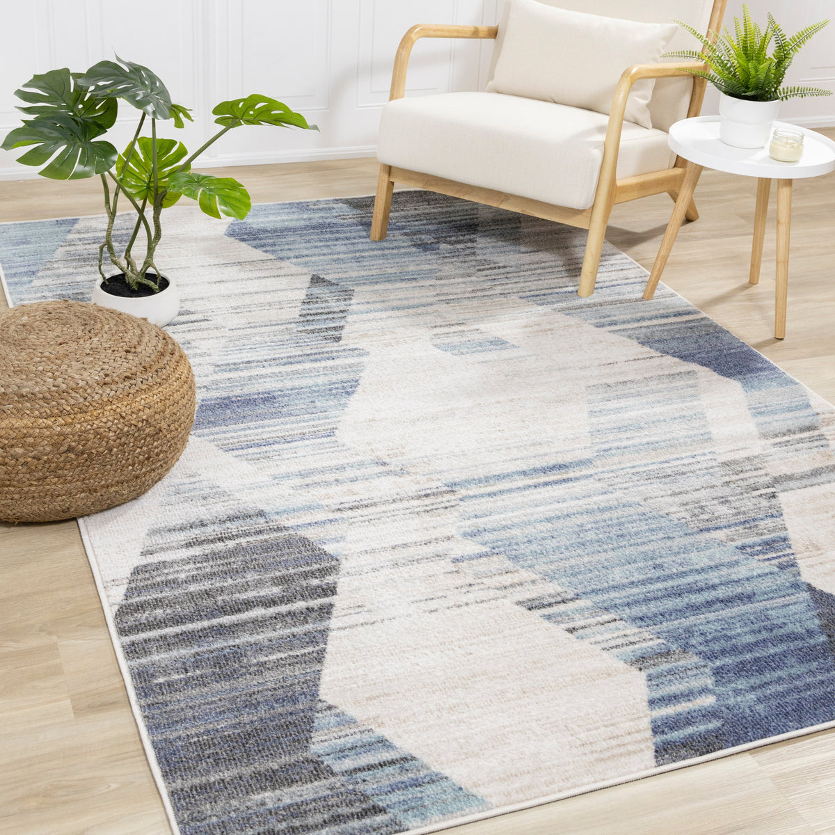 Fresco Cream Blue Grey Distressed Diamond Pattern Rug by Kalora ...