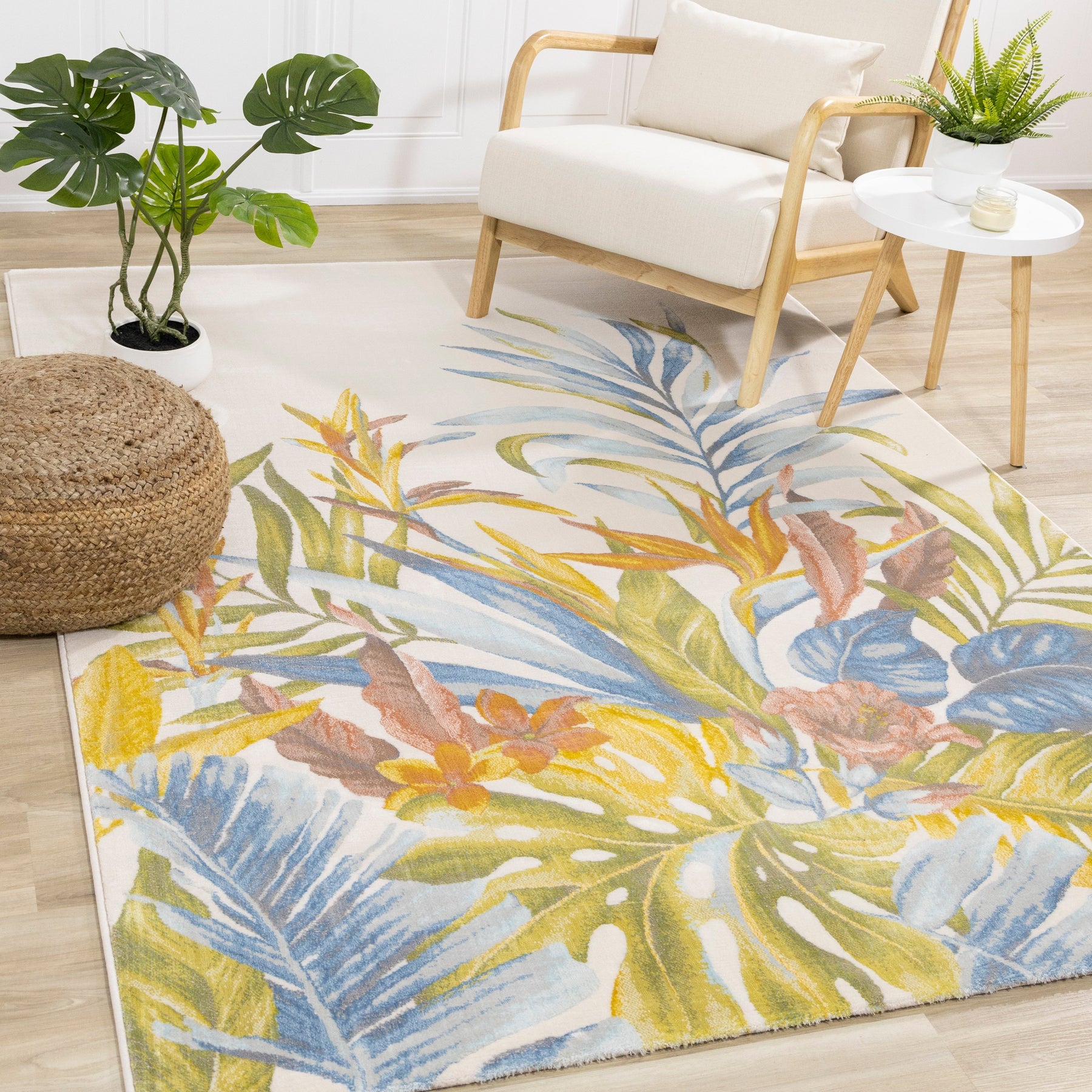 Belle Blue Pink Yellow Green Tropical Plant Rug by Kalora